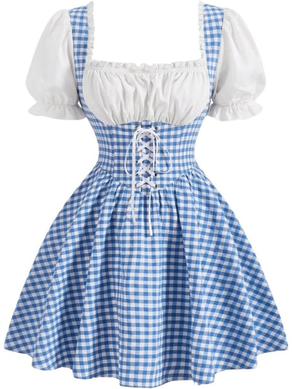 Women's Cottagecore Gingham Blue/White Dress Puff Sleeve Lace Up Corset Flared